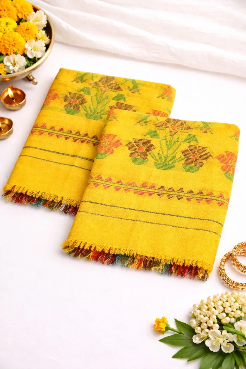 Premium Yellow Woven Mekhela Sador Set with Blouse Piece | Traditional Assamese Ethnic Wear for Women