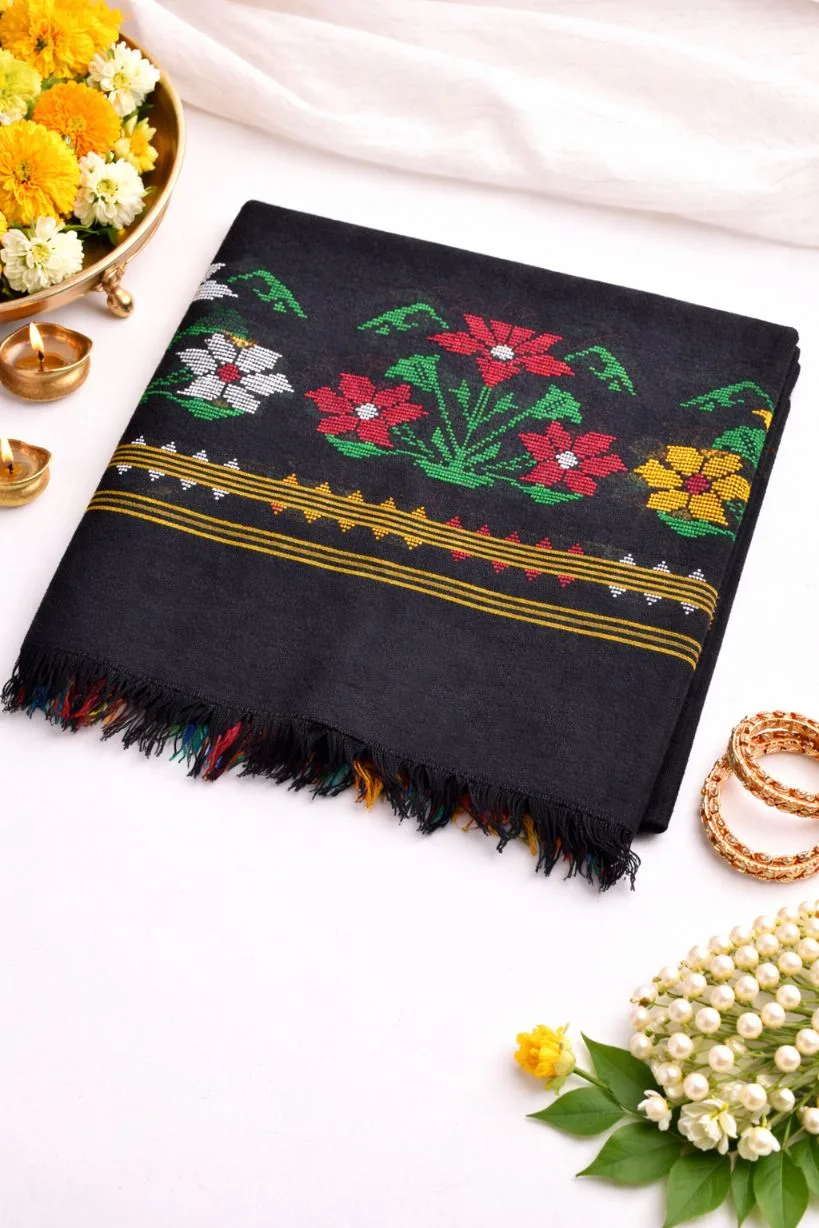  black Woven Mekhela Sador Set with Blouse Piece | Traditional Assamese Ethnic Wear for Women