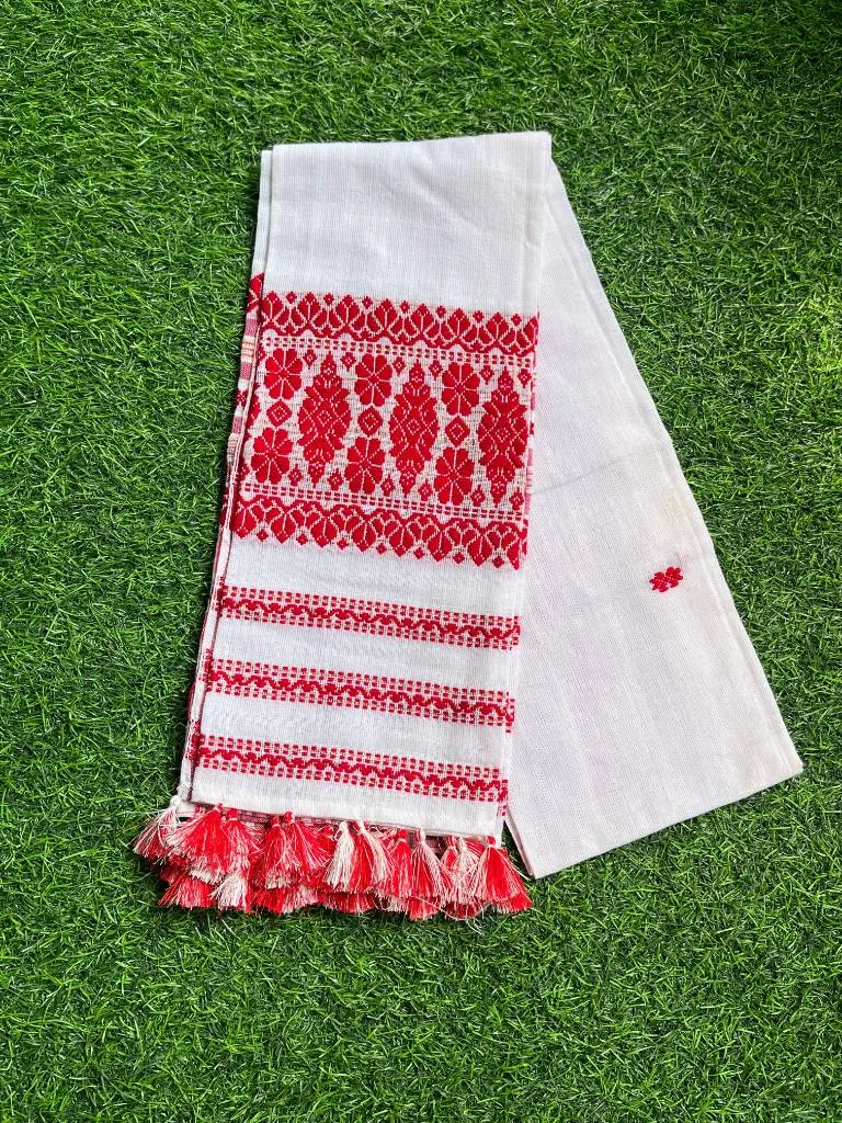 Authentic Assamese Phulam Gamosa – Handloom Cotton with Traditional Red Floral Embroidery