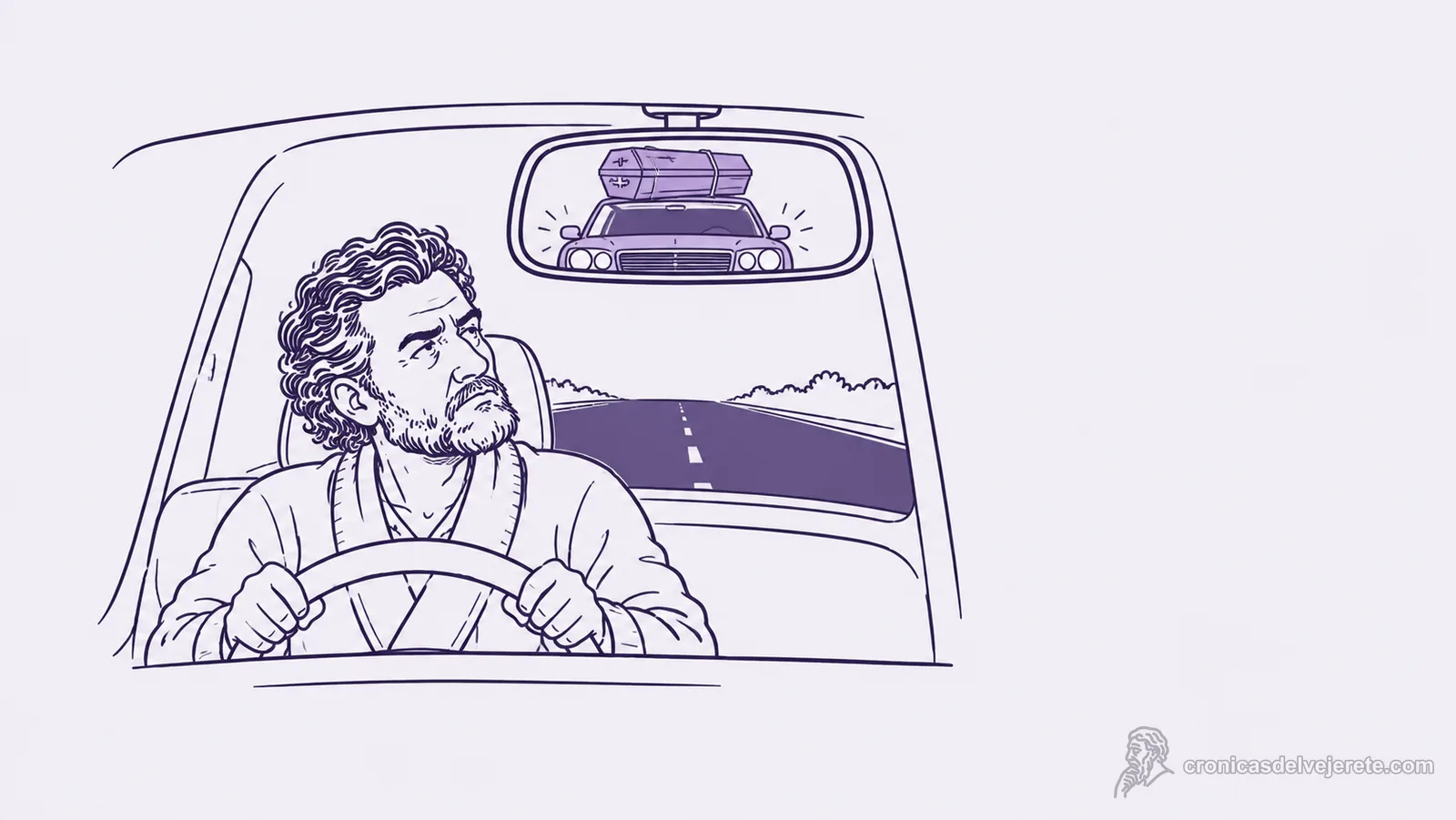 Un viejo en bata maneja de madrugada y mira por el retrovisor un coche pegado a él con un ataúd amarrado al techo.