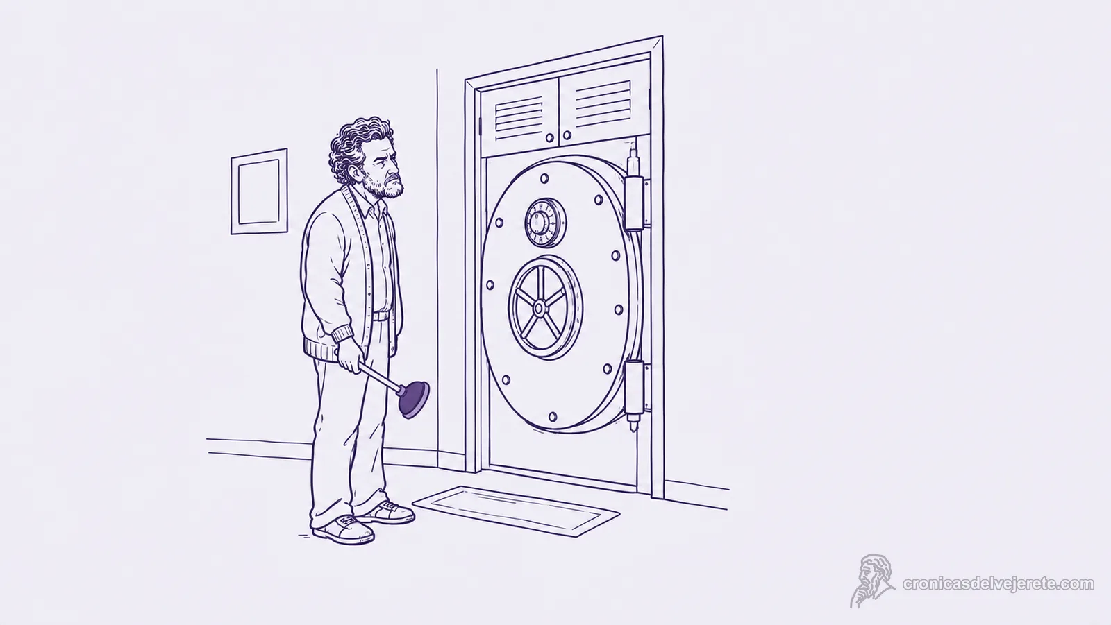 Un viejo con un destapacaños en la mano mira, sin expresión, la puerta de una bóveda bancaria instalada en el clóset de su casa.