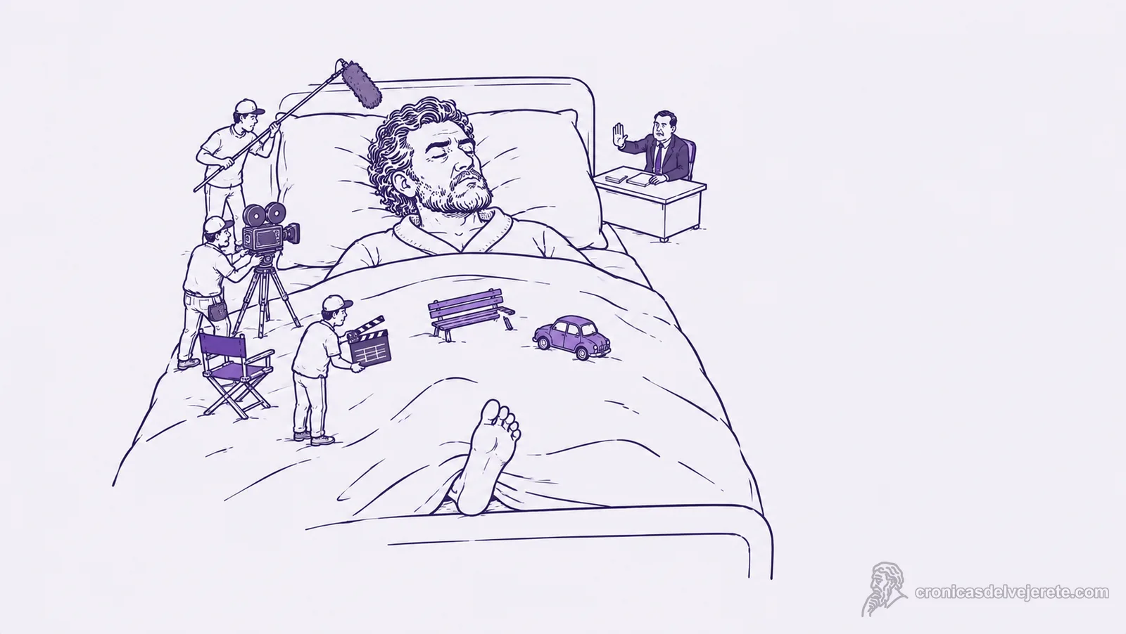 Un viejo en bata duerme con un pie fuera de la cobija mientras un equipo de cine en miniatura filma una película sobre su almohada.