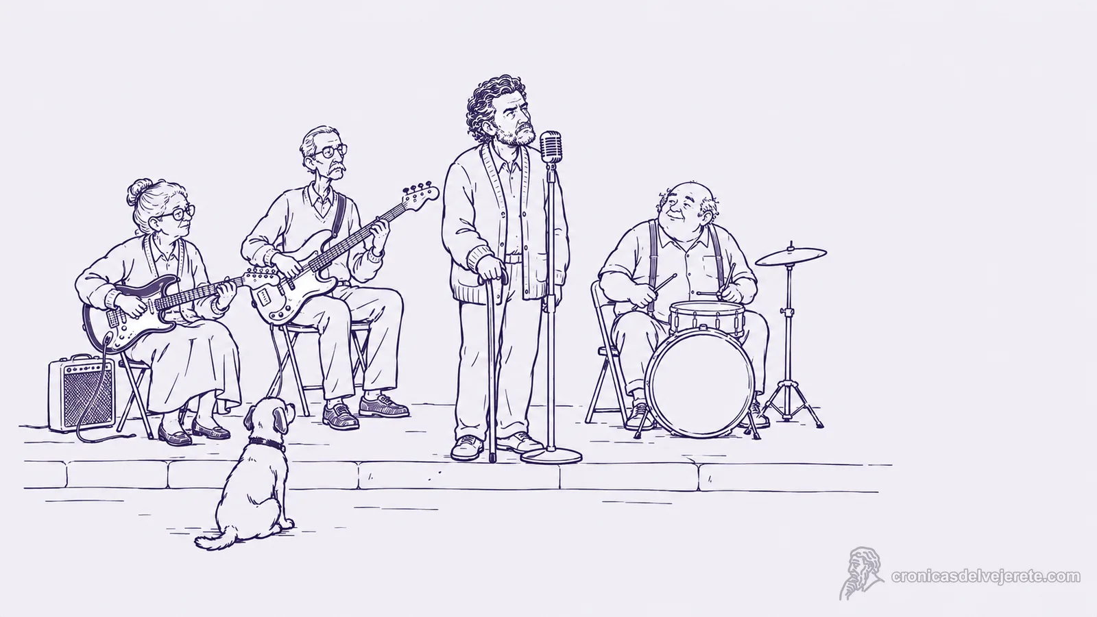 Un viejo con bastón canta frente a un micrófono mientras tres músicos mayores tocan sentados en sillas plegables sobre una banqueta; su único público es un perro.