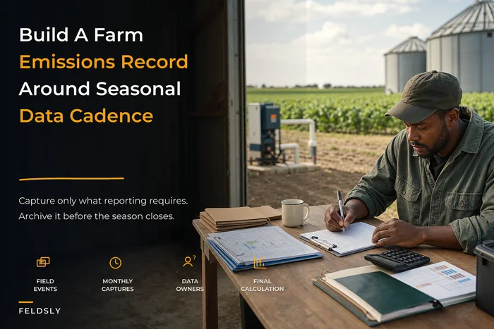 A minimal farm emissions reporting workflow: seasonal data cadence, prioritized data elements and low‑tech archive templates