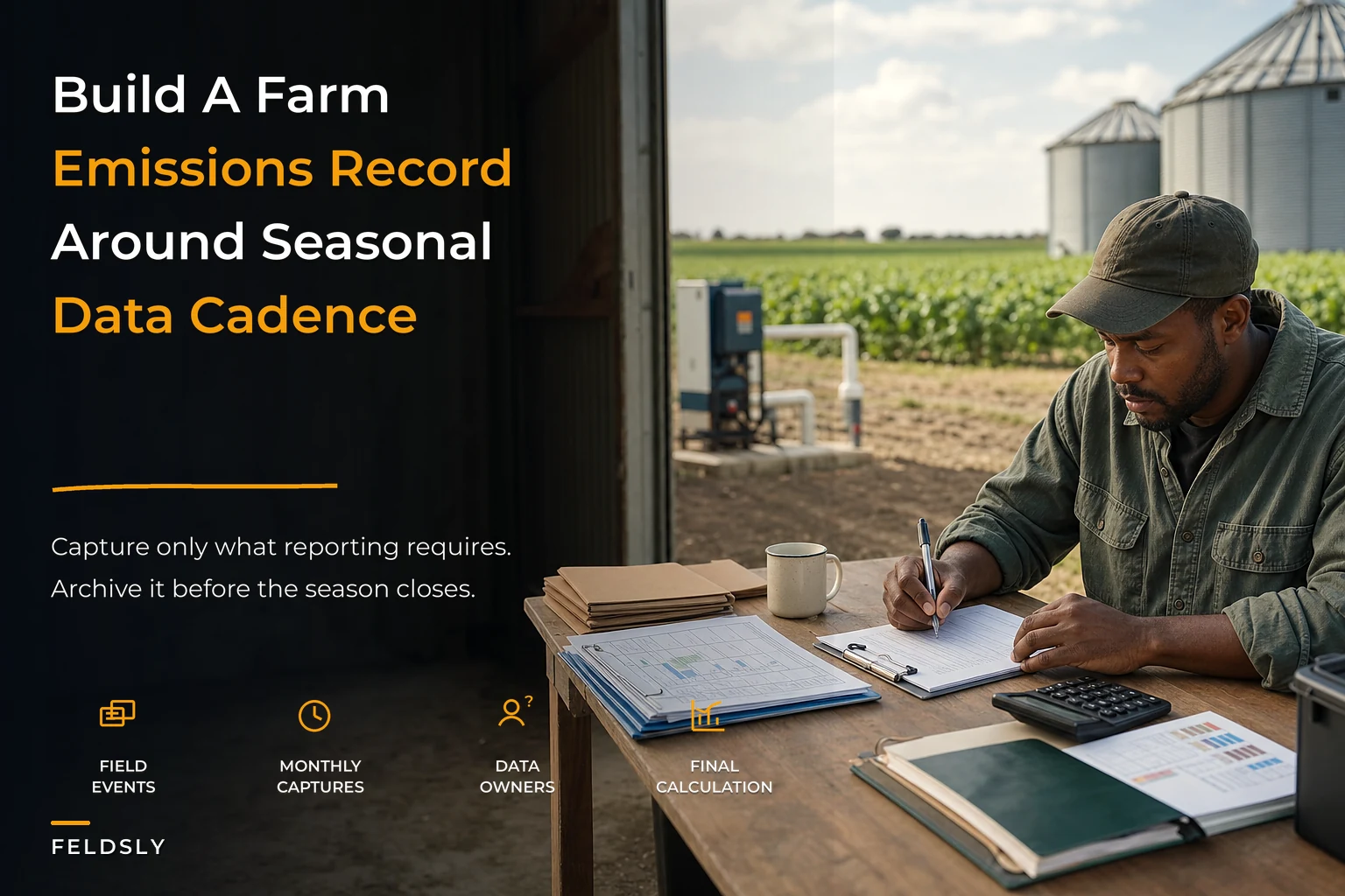 A minimal farm emissions reporting workflow: seasonal data cadence, prioritized data elements and low‑tech archive templates