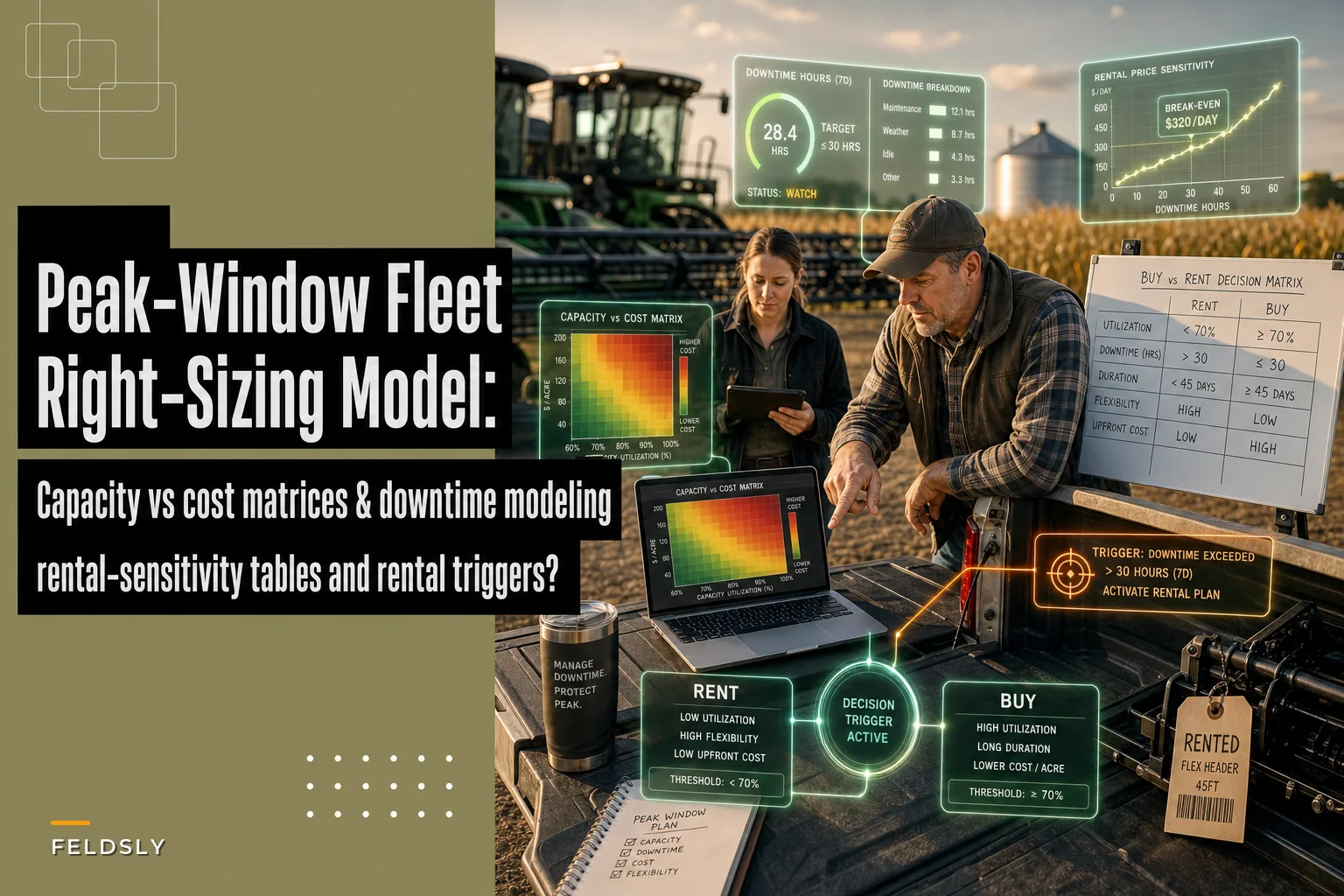 A peak‑window fleet right‑sizing model: capacity vs cost matrices, downtime modeling and rental‑sensitivity tables