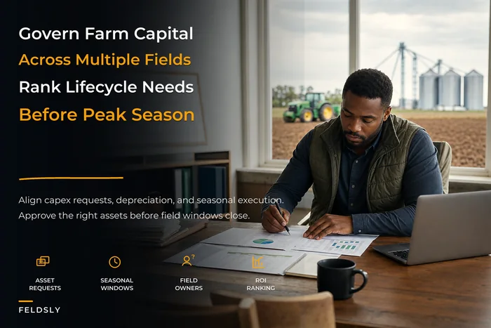 Capital allocation and asset-lifecycle governance for multi-field farms