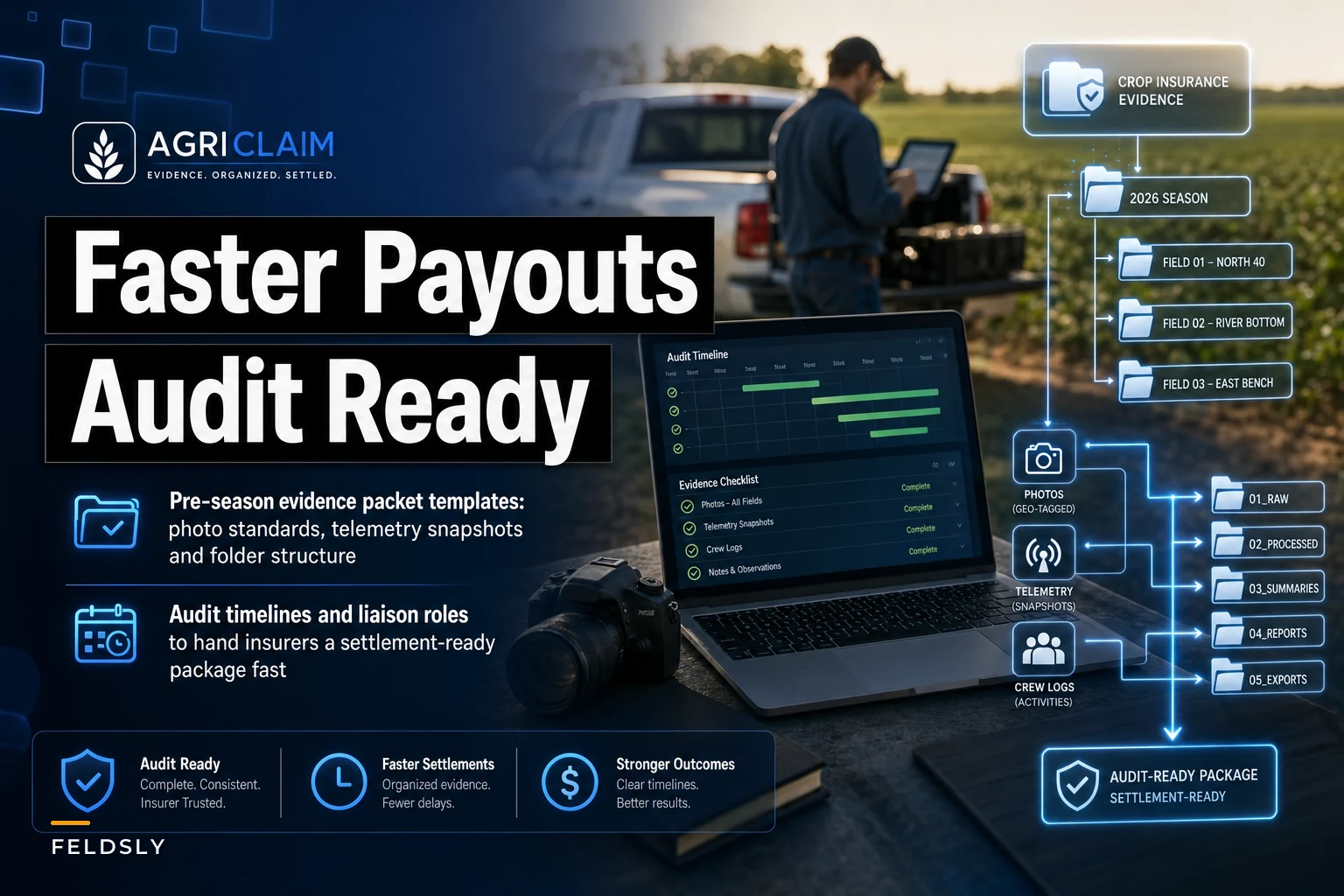 Get claims paid faster: pre‑built evidence packets and audit‑ready timelines for crop insurance settlements