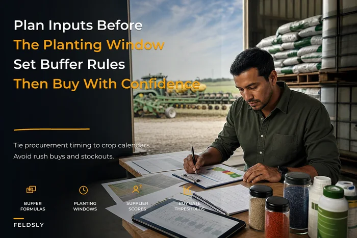 Seasonal input procurement playbook: tying planting calendars to buffer formulas and supplier scorecards