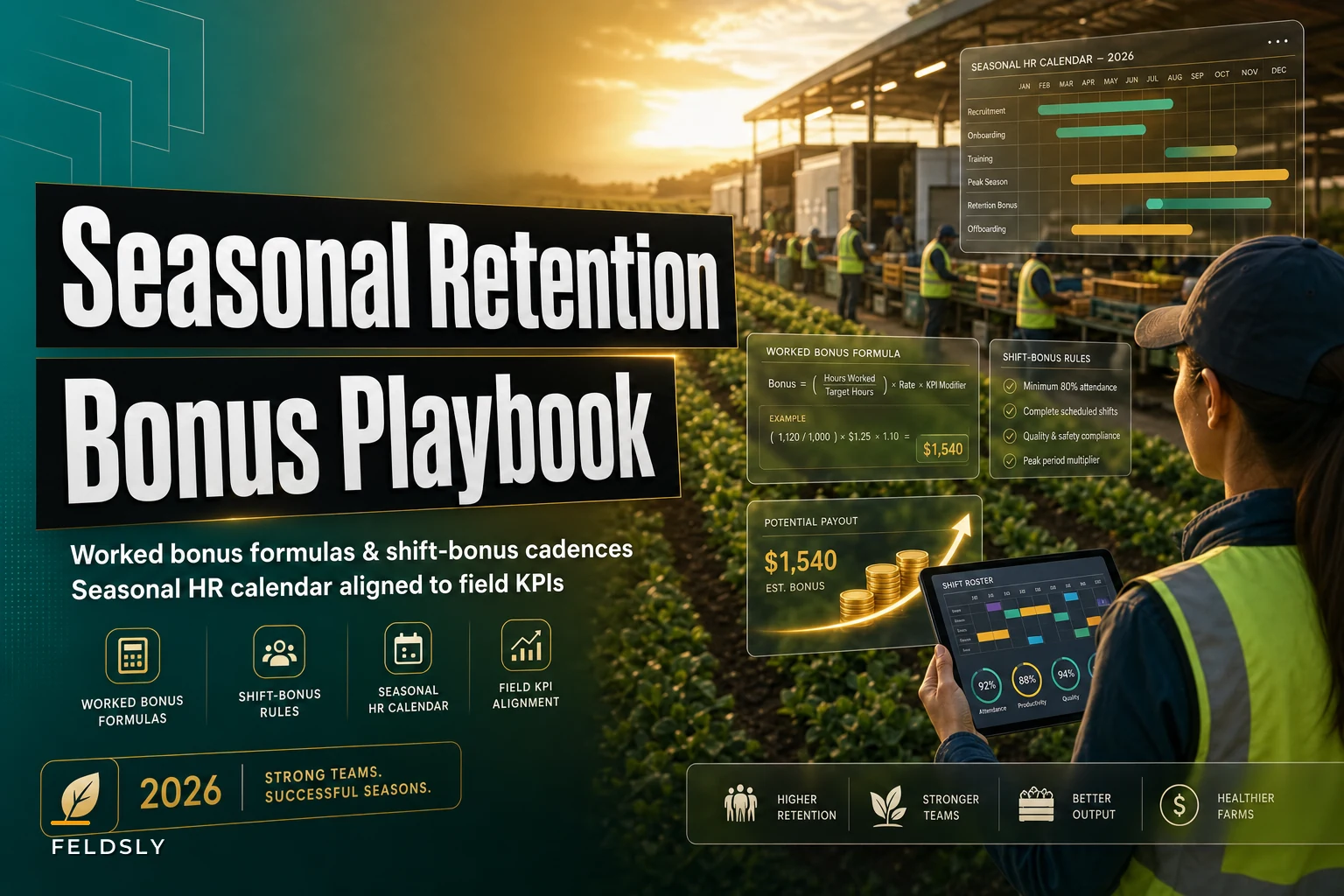 Seasonal retention playbook: worked bonus formulas, shift‑bonus rules and a seasonal HR calendar for multi‑field farms