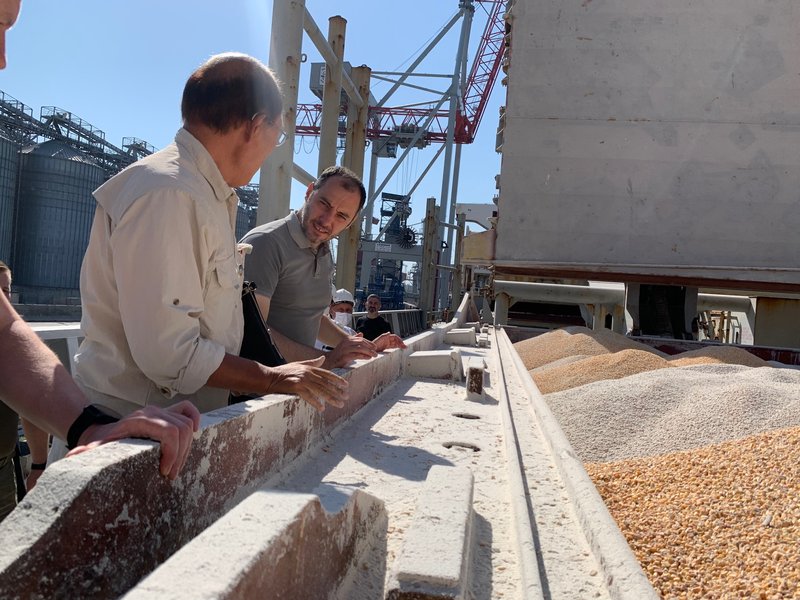 Corn heaped in the open hold of a bulk carrier at a berth in the port of Odesa, with a loading gantry, a red quayside crane and grain silos behind under a clear sky