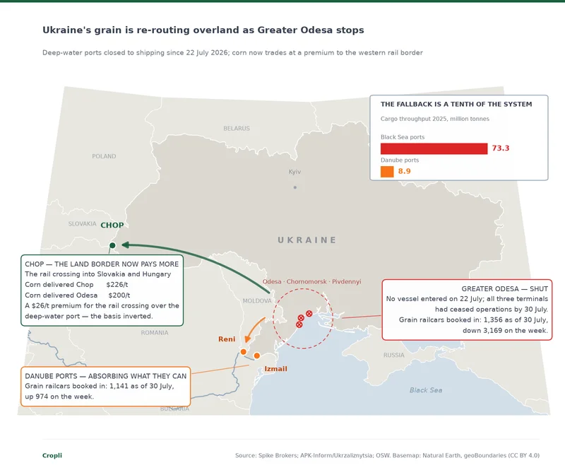 Map of Ukraine and its western neighbours showing the three Greater Odesa deep-water ports marked as closed, with arrows to the Danube ports of Reni and Izmail and to the Chop rail crossing on the Slovak and Hungarian border