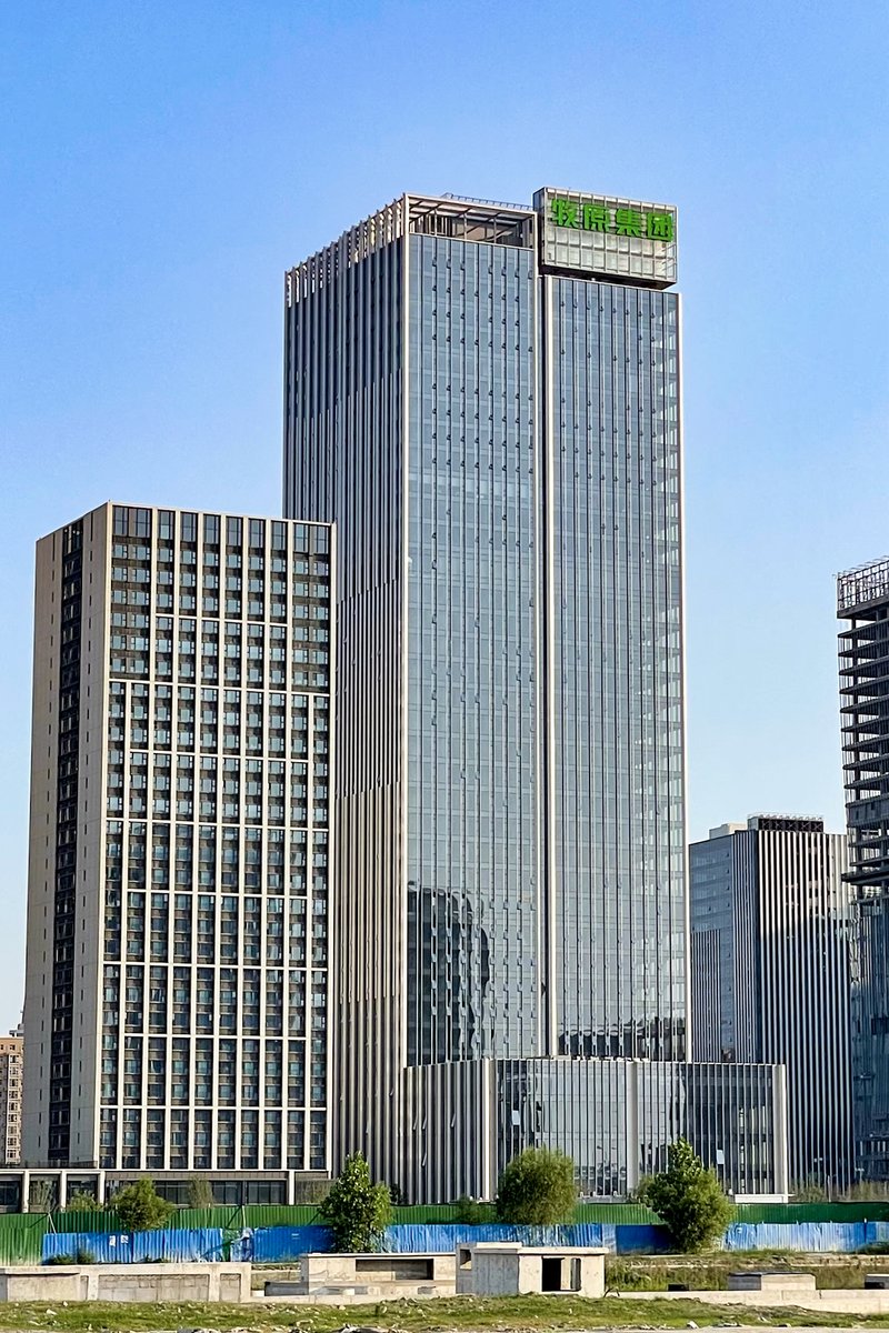 A glass office tower topped with green Muyuan Group signage stands behind a lower building against a clear blue sky