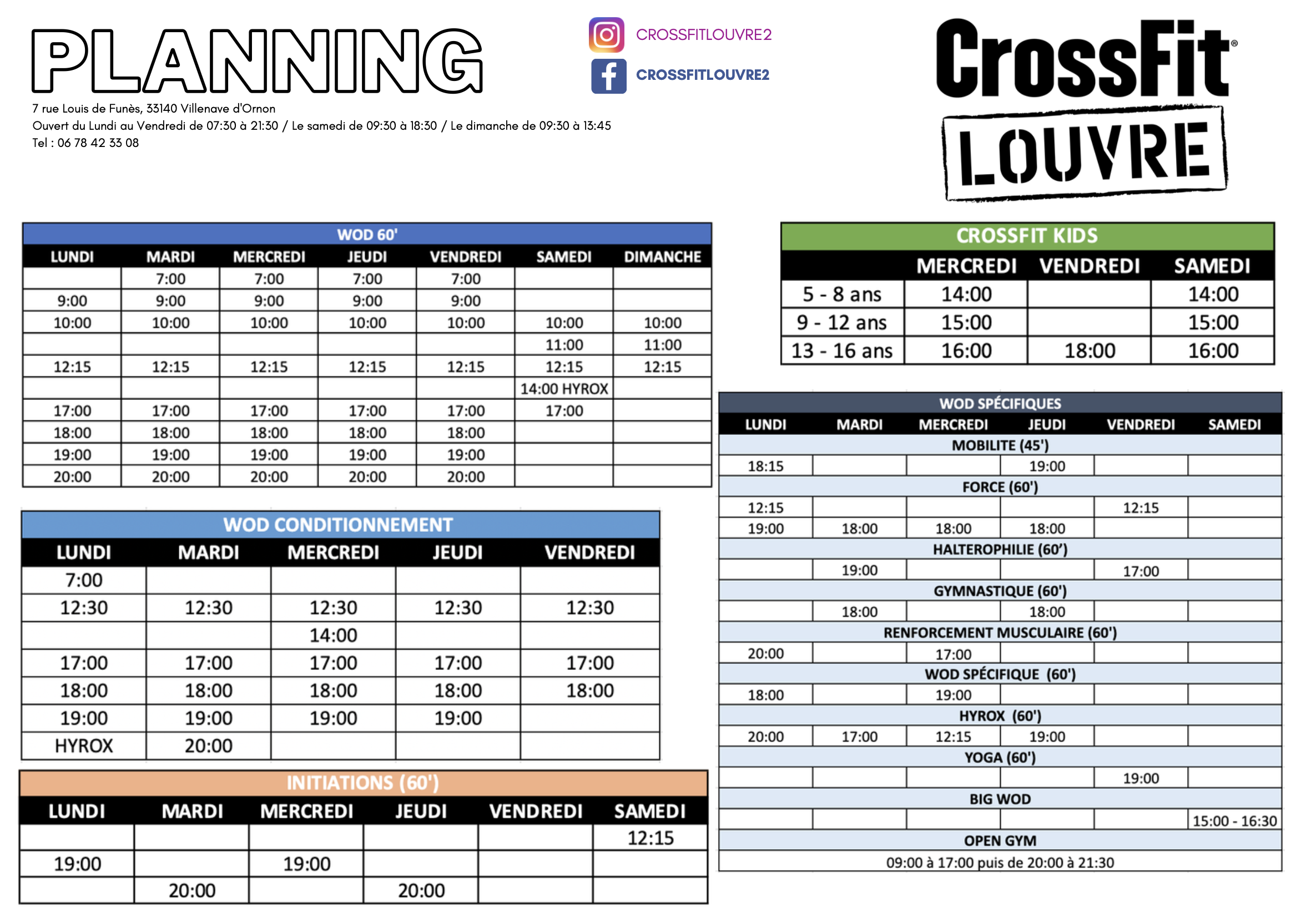 Planning hebdomadaire CrossFit Louvre 2 — affiche officielle