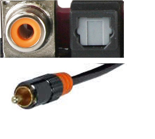 Conector hembra color naranja y conector macho con clavija redonda.