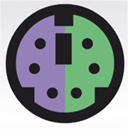 conector redondo con 6 pines de color morado y verde.