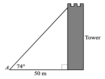 A point A 50m away from a tower creating an angle of elevation of 74 degrees