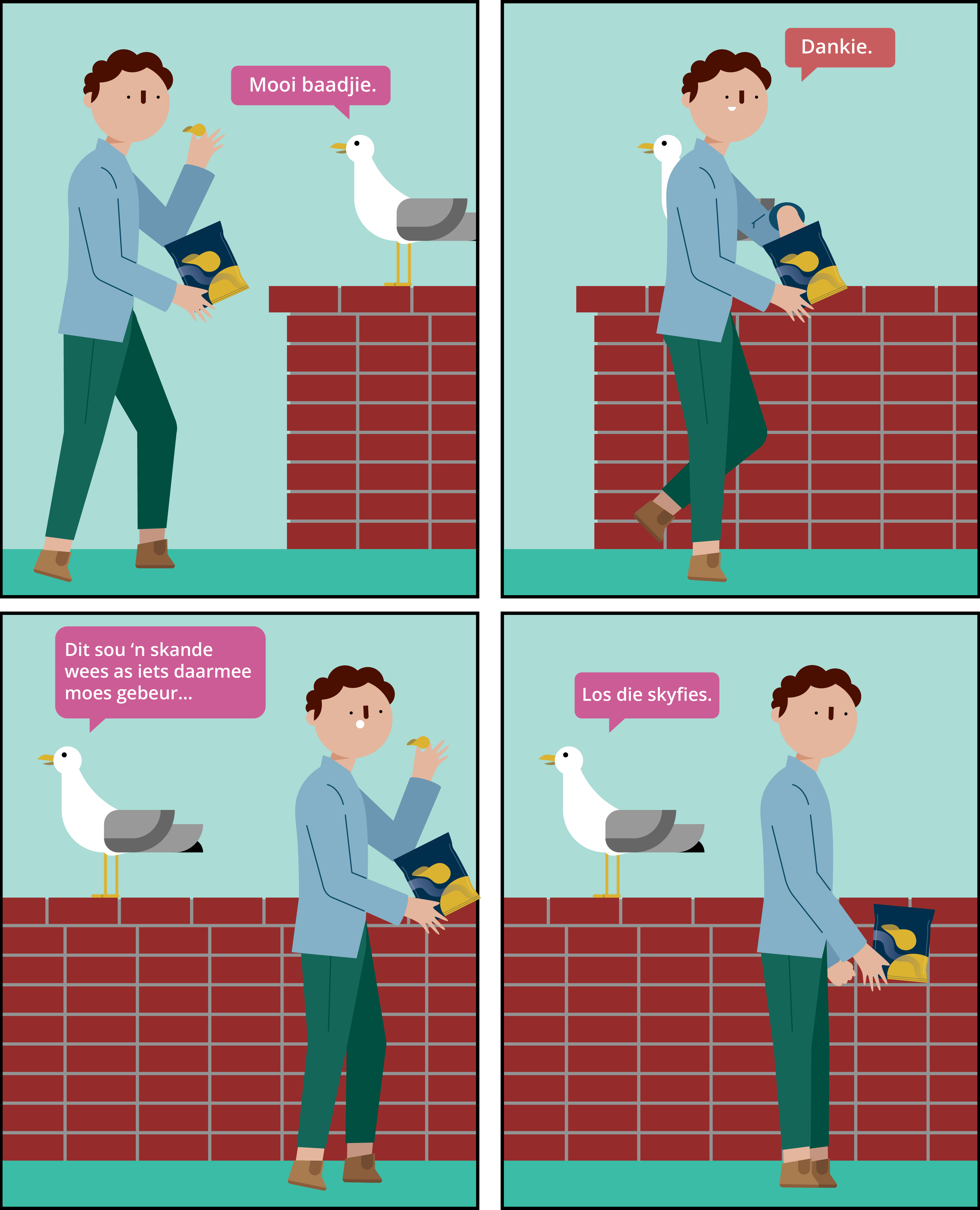 A bird complimenting a guy, who is eating chips, on his jacket. The bird says it would be a shame if something were to happen