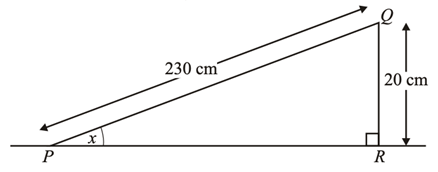 A ramp PQ leaning against wall QR. The ramp that creates an angle x with the ground and length 230 cm to the top of the wall.