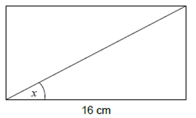 A rectangle with length 16 cm and a diagonal that creates angle x