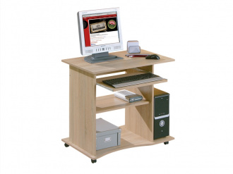 INT-Durini típusú számítógépasztal monitortartó polc nélkül; az egér az asztallapon; a billentyűzet az azzal azonos szélességű billentyűzetfiókban; alatta polcok dobozokkal és eszközökkel; jobb oldalon számítógépház