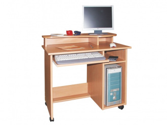 Számítógépasztal; jobb szélén monitorpolcon monitor; az asztallapon üres hely és egér; a billentyűzet a vele azonos szélességű billentyűzetfiókban; jobb oldalt számítógépház