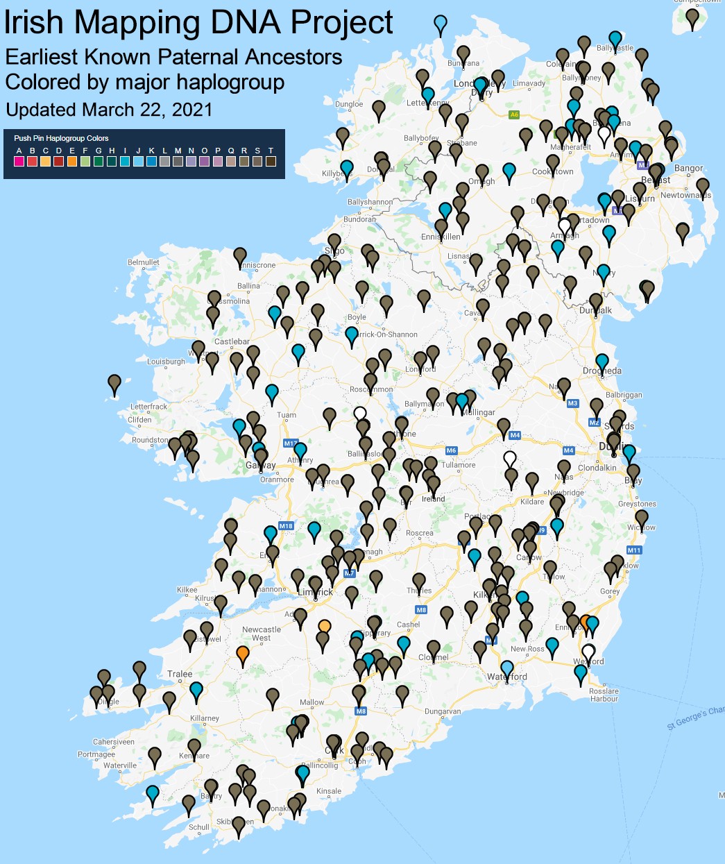 Map of Ireland with markers distributed across the country. Each marker has a different colour representing data 