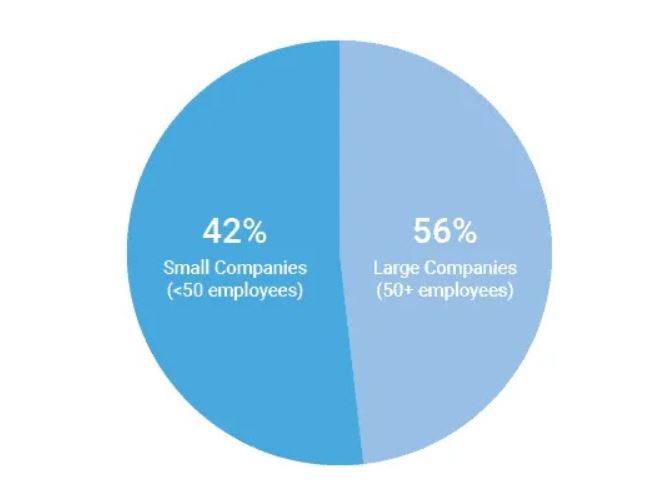 Pie chart in two unequal halves coloured pale blue with white text on each half. Left half is 42%, right half is 56%