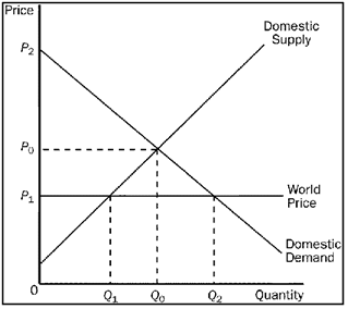 A graph of price, P, versus quantity, Q, shows a supply curve, Domestic Supply, rising linearly, starting at a point above the origin on the vertical axis, and a demand curve, Domestic Demand, descending linearly from P subscript 2. The curves intersect at (Q subscript 0, P subscript 0). A horizontal line, World Price, extends from P subscript 1. A vertical line extends from Q subscript 1 to P subscript 1. A vertical line extends from Q subscript 2 to P subscript 1.