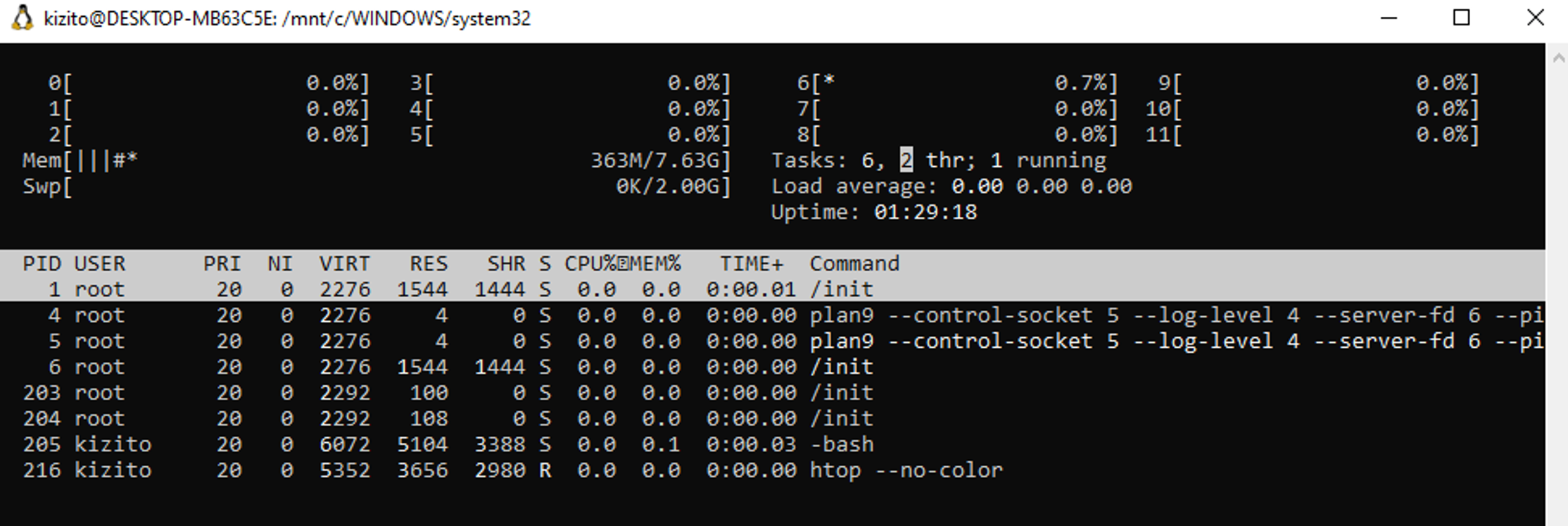 A table of Linux process information