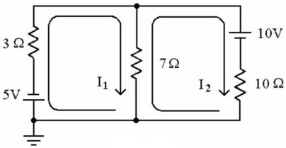 A closed circuit shows two battery supplies of 5 and 10 volts, three resistors, current supply and a ground. The following connections are in a clockwise direction from the negative end of the supply of 5 volts which is grounded: A resistor of 3 ohms, a point X from where the connection splits into two directions: the downward direction with a 7 ohms resistor and the rightward side shows a battery supply of 10 V whose negative end is connected to a resistor of 10 ohms. Current flow I subscript 1 and I subscript 2 are shown in clockwise direction.