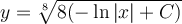 y=\sqrt[8]{8(-\ln|x|+C)}