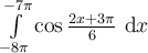 \int_{-8\pi}^{-7\pi}\limits \cos \frac{2x+3\pi}{6}\ \mathrm{d}x