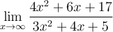 \displaystyle\lim_{x\to\infty} \frac{4x^2+6x+17}{3x^2+4x+5}