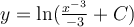 y=\ln (\frac{x^{-3}}{-3}+C)