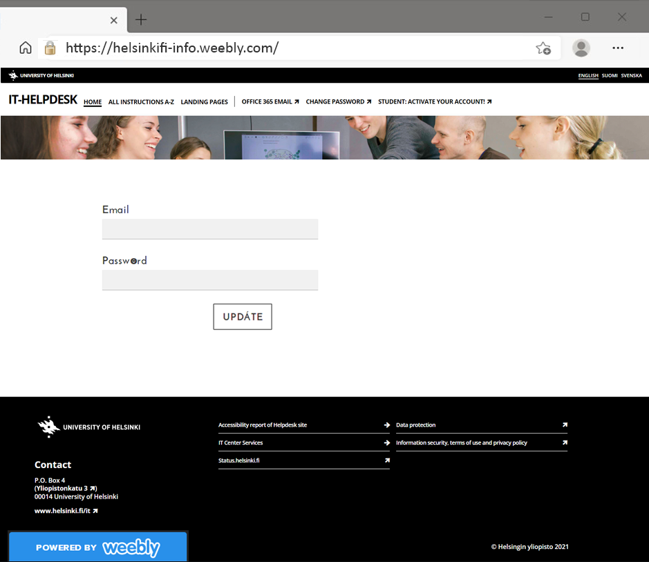 Login page, University logo, IT Helpdesk text, University contact information, URL: https://helsinki-help-desk.weebly.com