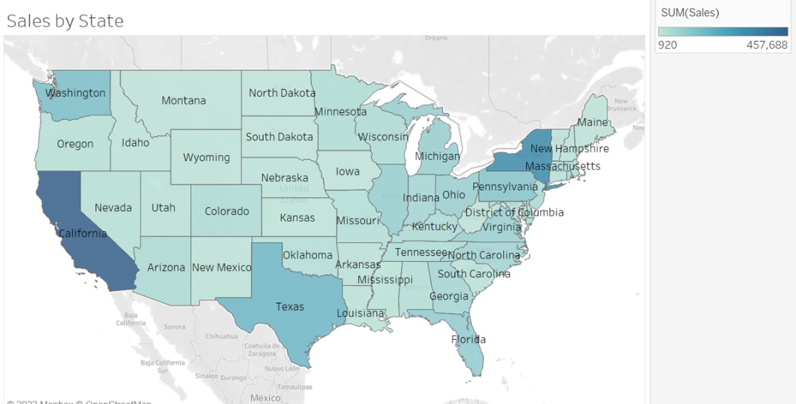 The map of the United States shows the sum of sales with 6 various amounts and colors with names of states.
