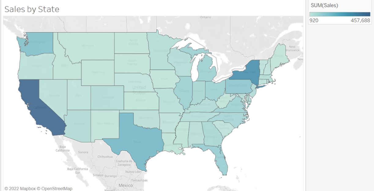 The map of the United States shows the sum of sales with 6 various amounts and colors.