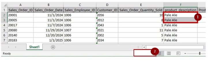 A table shows an excel sheet with 7 columns and 7 rows. The headings of columns 1 to 7 are as follows: sales_order_ID; sales_order_date; sales_employee_ID; customer_ID; sales_order_quantity_sold; product_description; product_sales_price. The row entries are as follows: row 2 - 20001; 11 / 1 / 2024; 1006; 2056; 10; pale ale; blank. Row 3 - 20005; 11 / 1 / 2024; 1006; 2012; 8; pale ale; blank. Row 4 - 20017; 11 / 7 / 2024; 1006; 2043; 1; pale ale; blank. Row 5 - 20080; 11 / 29 / 2024; 1007; 2021; 11; pale ale; blank. Row 6 - 20140; 12 / 20 / 2024; 1006; 2002; 5; pale ale; blank. Row 7 - 20183; 1 / 1 / 2025; 1006; 2034; 7; pale ale; blank. Rows 2 and 3 of column 6 are marked 1 and the bottom right of the status bar is marked 2.