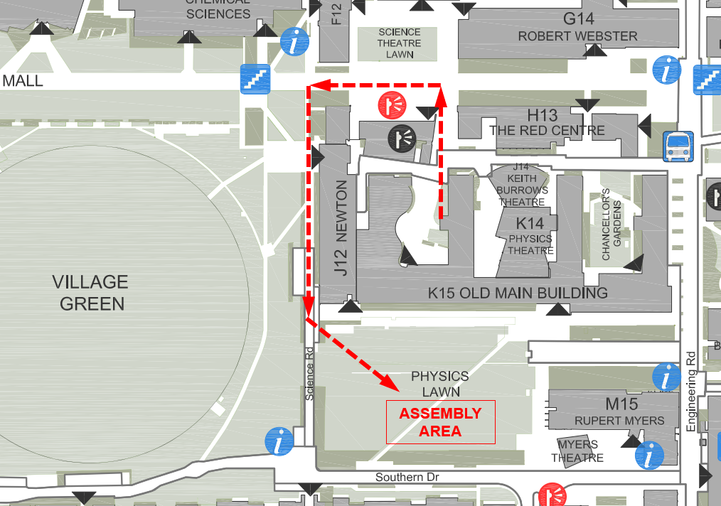 The assembly point after an evacuation is the Physics Lawn