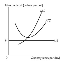 The horizontal axis represents Quantity in units. The vertical axis represents Price and cost in dollars per unit. A horizontal line at y equals P1 is labeled MR. An upward-sloping curved line that becomes steeper is labeled MC.A u-shaped curve is labeled ATC.The MC curve intersects the ATC curve at the ATC curve's minimum. The two curves intersect above the MR line.The MC curve intersects the MR curve to the left of the intersection of the MC and ATC curves.