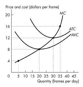 The horizontal axis represents quantity in frames per day and ranges from 0 to 45 with interval 5. The vertical axis represents price and cost in dollars per frame and ranges from 0 to 20 with interval 4.An upward-sloping curve that becomes steeper is labeled MC. The curve has points at (5, 4), (20, 8), (30, 12), and (35,16). Dotted lines are drawn from the points perpendicular to both axes.A u-shaped curve with its minimum at (30, 12) is labeled ATC.A u-shaped curve that lies below curve ATC and has a minimum at (20, 8) is labeled AVC.The MC curve intersects the ATC curve at (30, 12) and intersects the AVC curve at (20, 8).