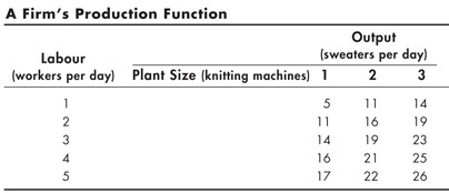 The title of the table is A Firm's Production Function. The first column of the table is titled Labour in workers per day. The second, third, and fourth columns are titled Output in sweaters per day. The second column has output for plant size 1 knitting machine, the third column has output for plant size 2 knitting machines, and the fourth column has output for plant size 3 knitting machines..The rows display the data as follows:1; 5; 11; 142; 11; 16;193; 14; 19; 234; 16; 21; 255; 17; 22; 26