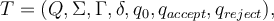 T=(Q, \Sigma, \Gamma, \delta, q_0, q_{accept}, q_{reject}), 