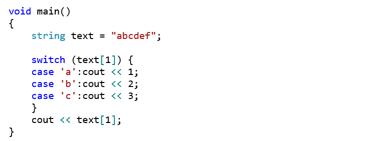 void main() {     string text = "abcdef";      switch (text[1]) {     case 'a':cout << 1;     case 'b':cout << 2;     case 'c':cout << 3;     }     cout << text[1]; }