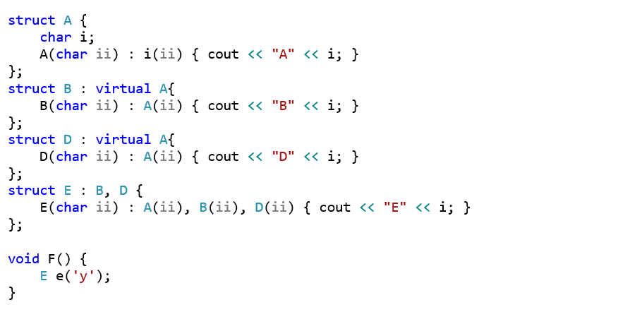 struct A {     char i;     A(char ii) : i(ii) { cout << "A" << i; } }; struct B : virtual A{     B(char ii) : A(ii) { cout << "B" << i; } }; struct D : virtual A{        D(char ii) : A(ii) { cout << "D" << i; } }; struct E : B, D {     E(char ii) : A(ii), B(ii), D(ii) { cout << "E" << i; } };  void F() {     E e('y'); }