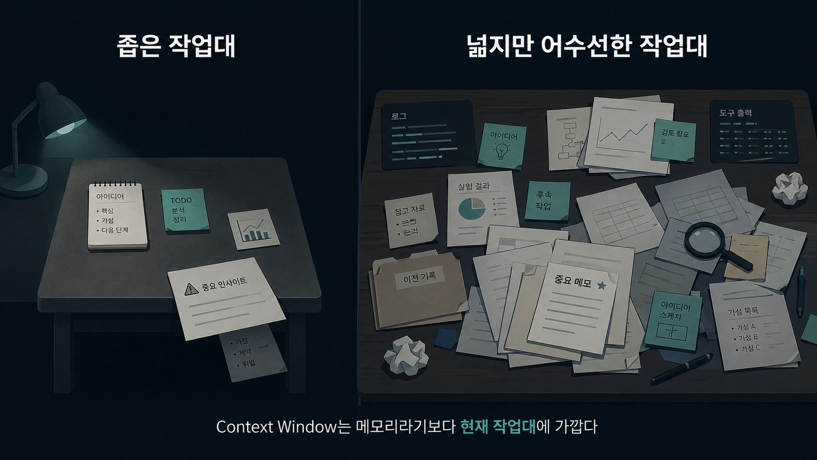 좁은 작업대와 어수선한 작업대 비교