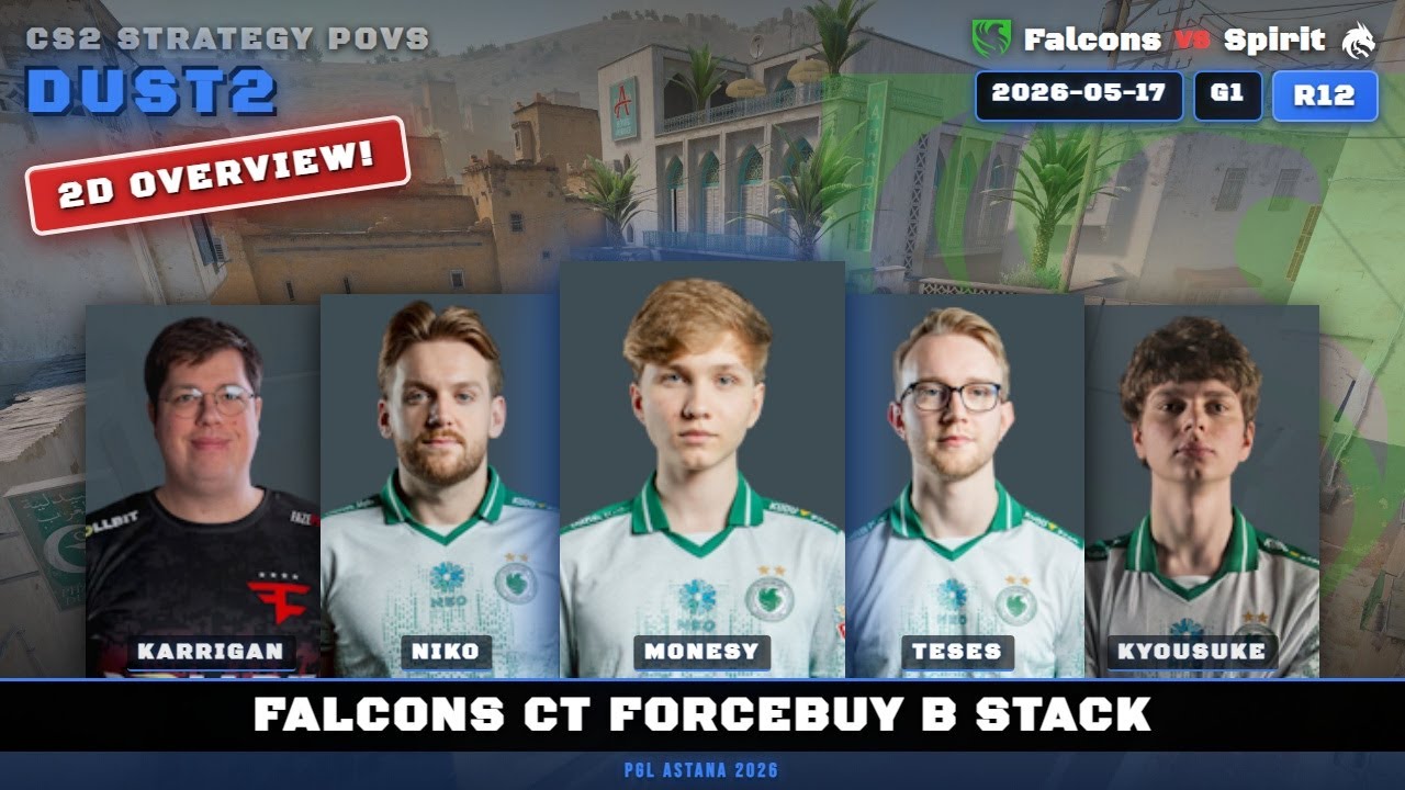 Falcons CT ForceBuy B Stack vs Spirit - Dust2 - PGL Astana 2026