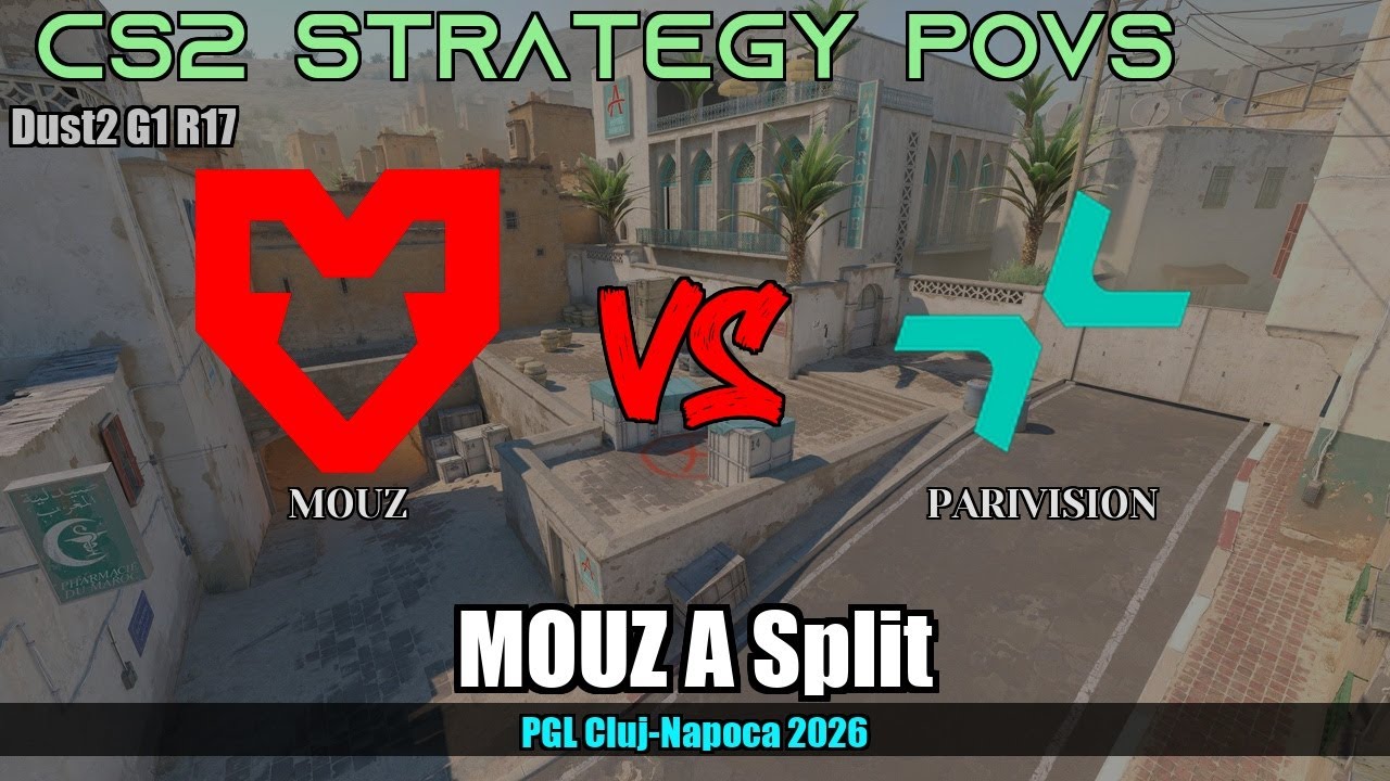 MOUZ A Split, interesting smokes vs PARIVISION - Dust2 - PGL Cluj-Napoca 2026