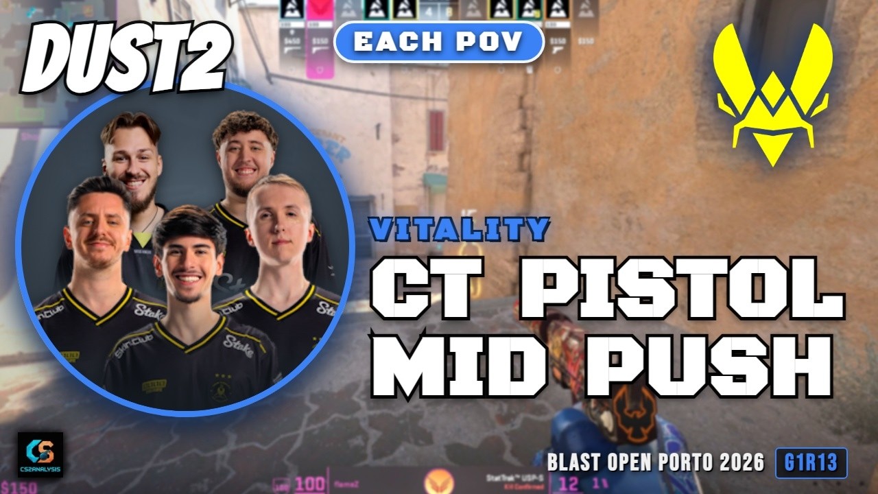 Vitality CT Pistol Mid Push vs MOUZ - Dust2 - BLAST Open Porto 2026